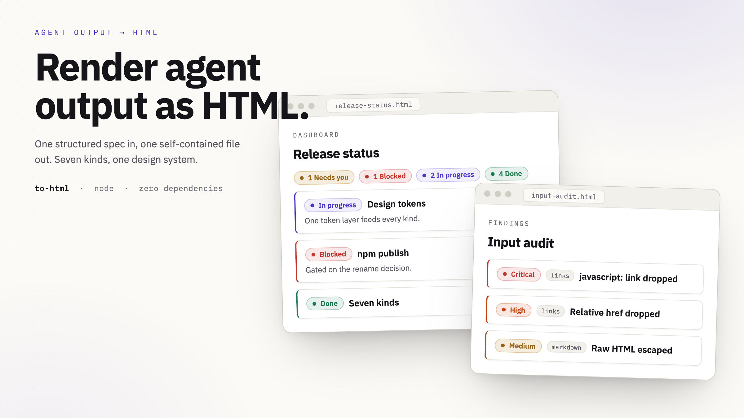 Redesigned to-html artifacts: a dashboard, an options picker, and a findings list under one design system